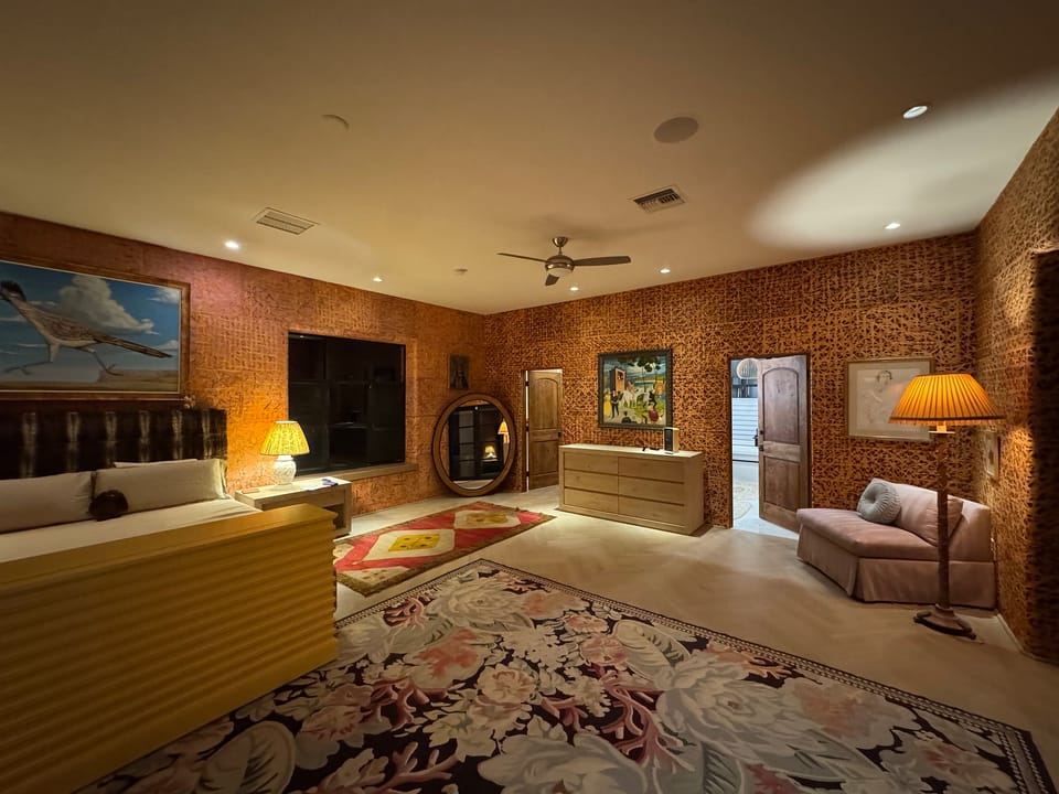 Barkskin walls and the bedroom sitting area