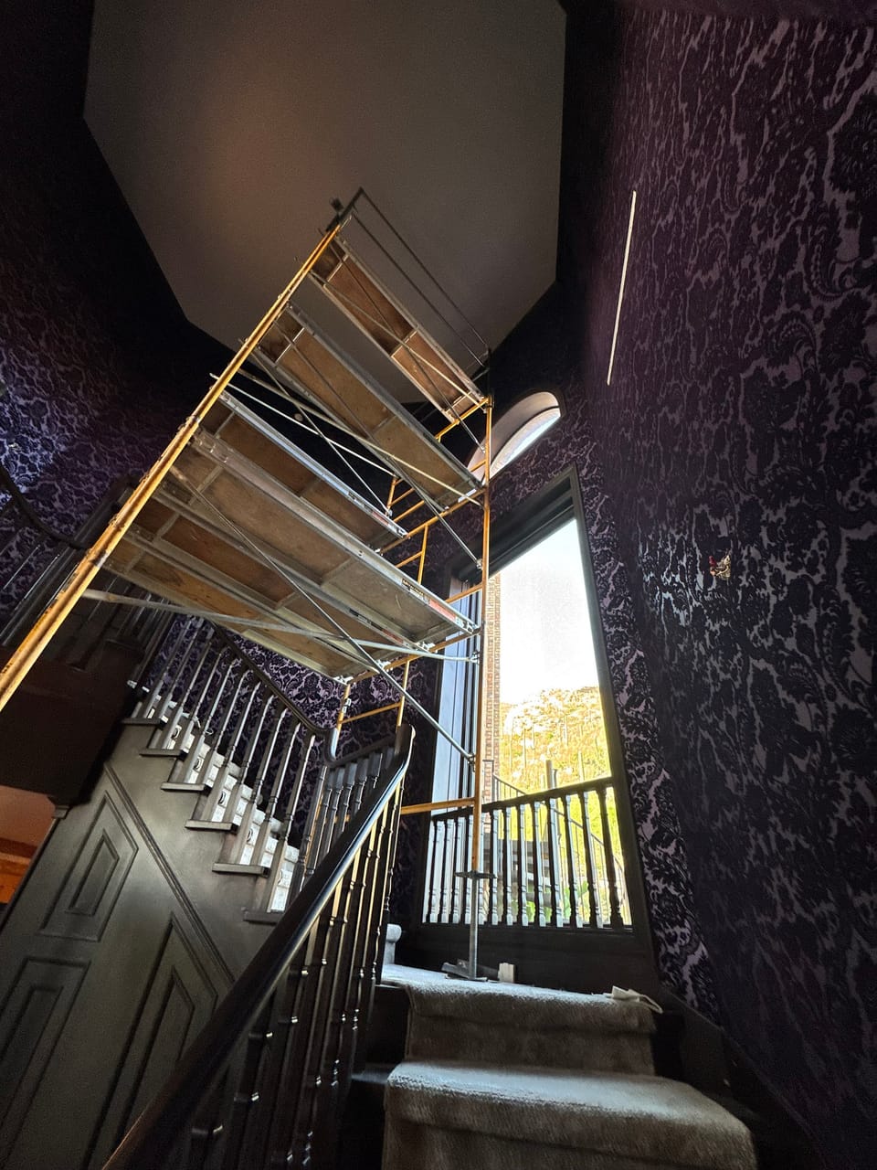 Damask around the stair windows