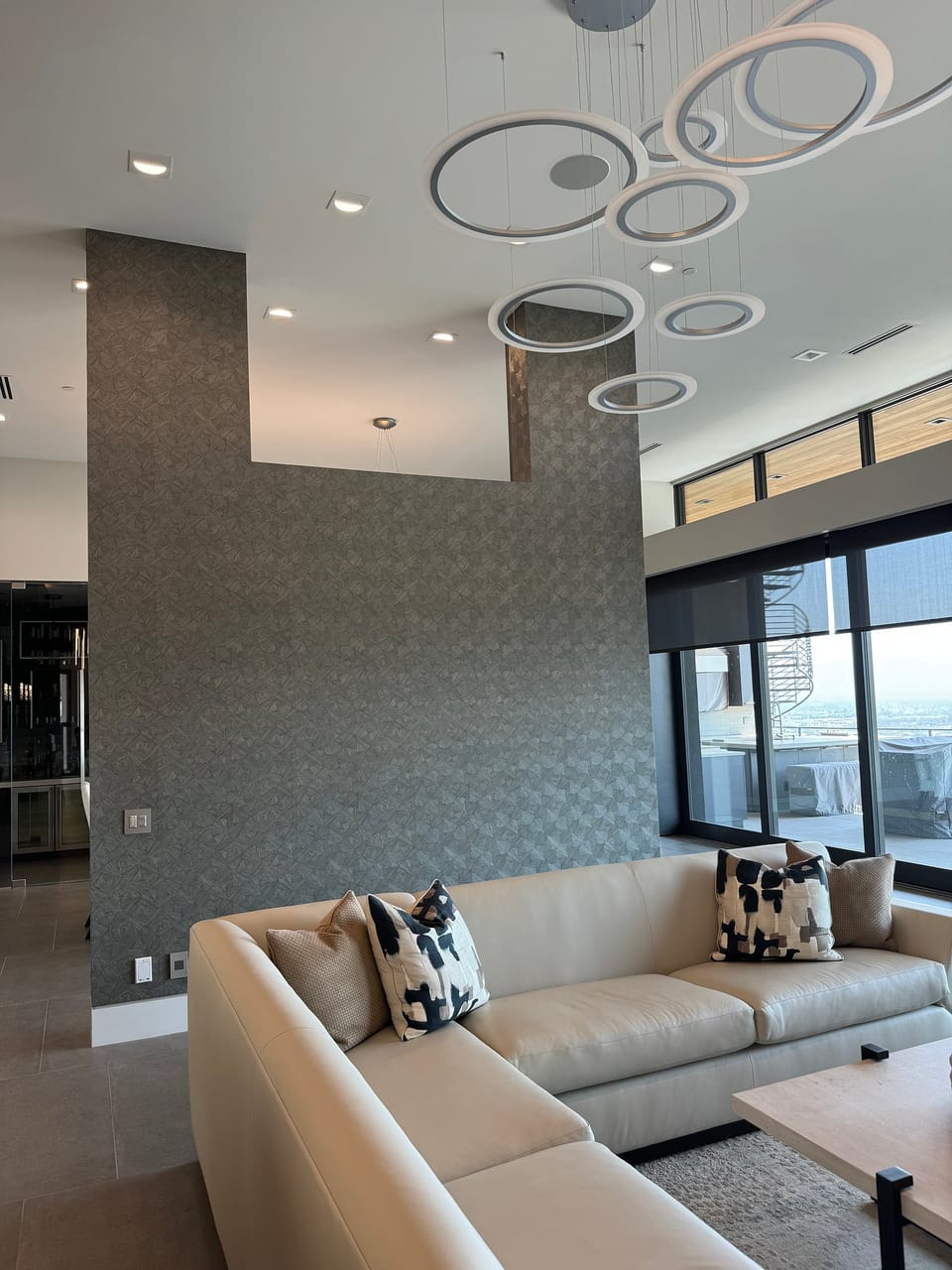 Glass bead wall in a family room