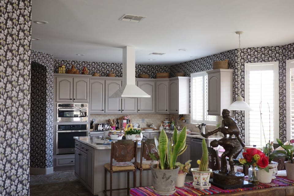 Kitchen with patterned walls