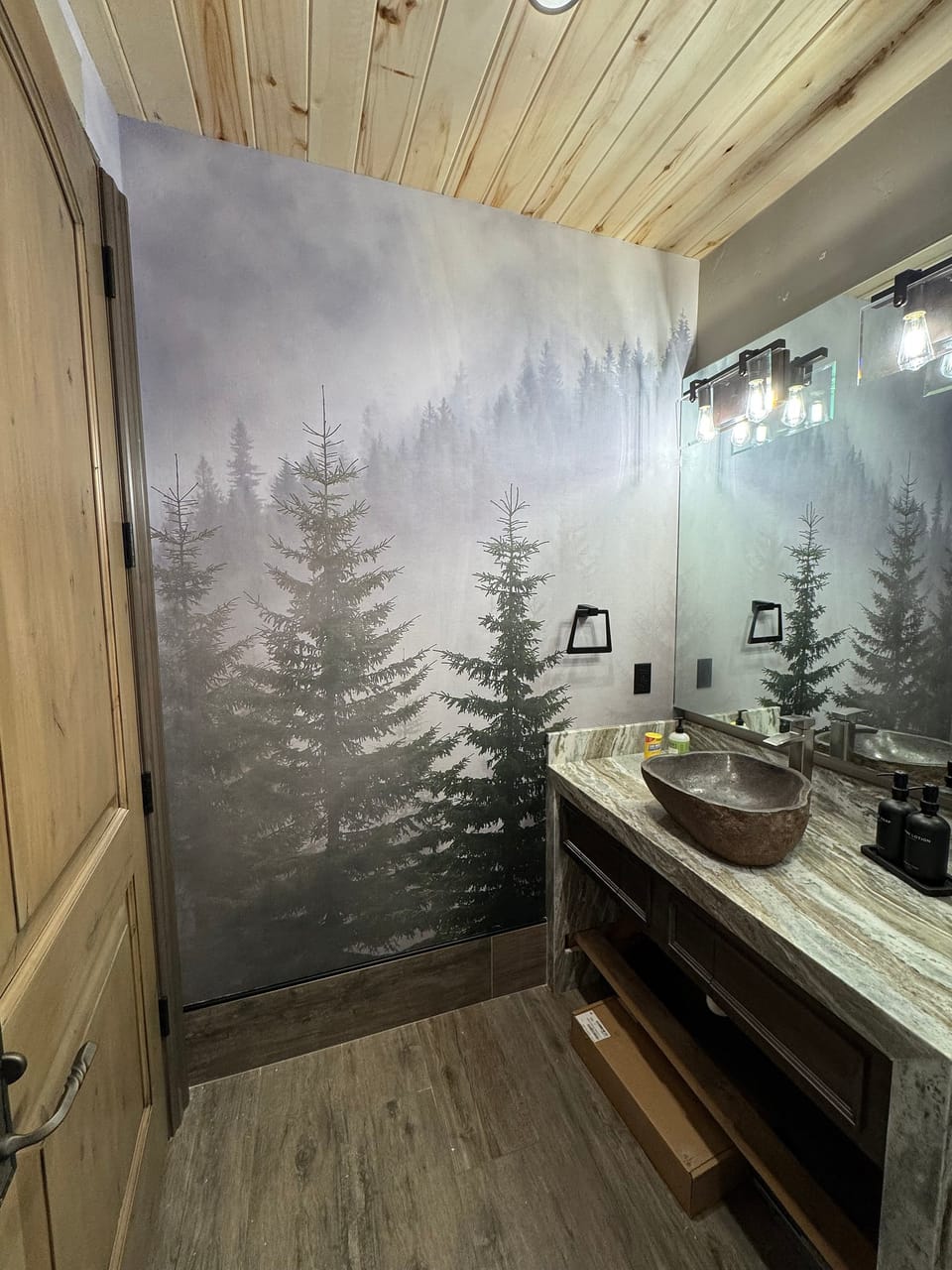 Pine forest print in a bathroom