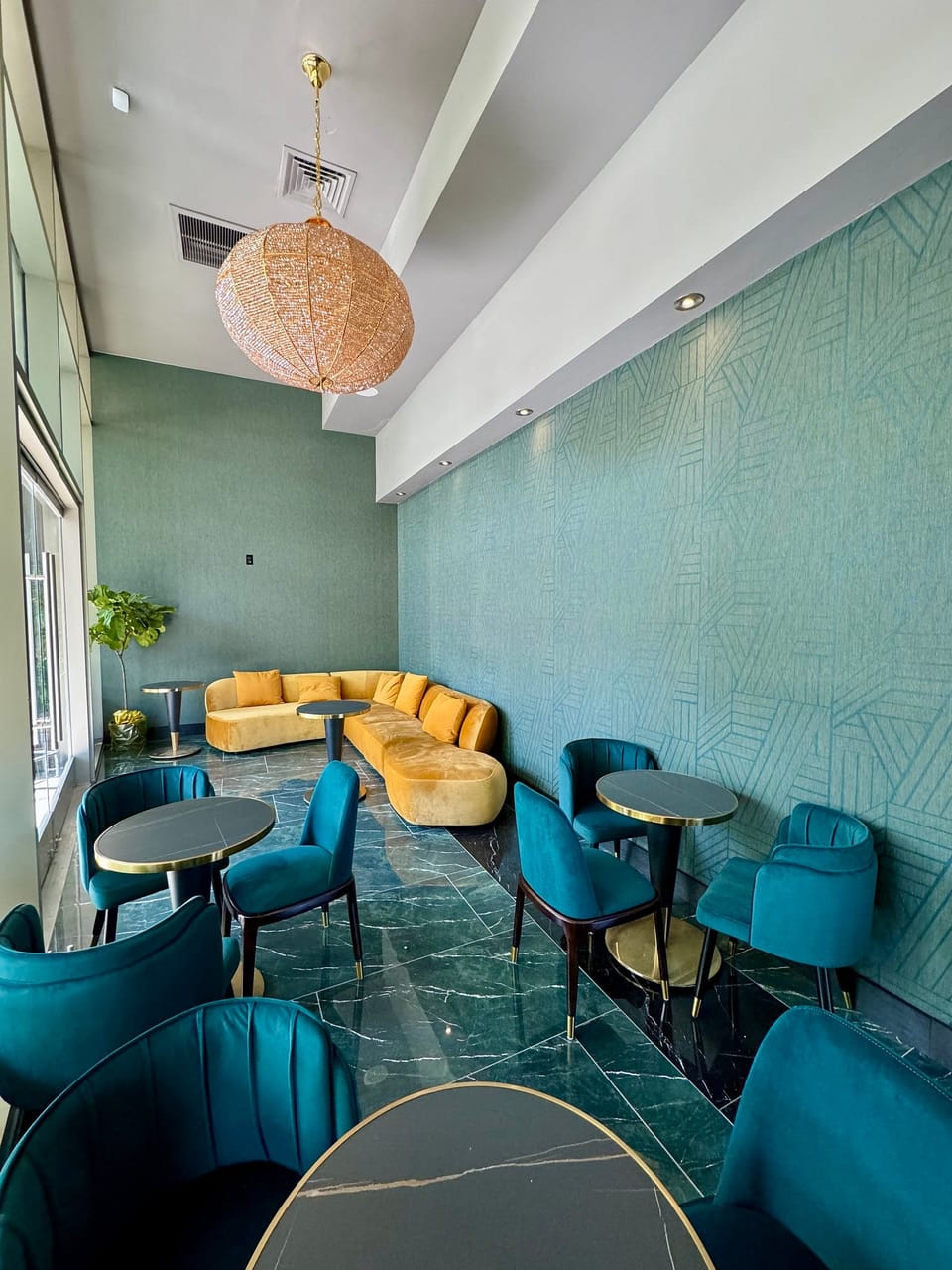 Teal vinyl in a restaurant dining room