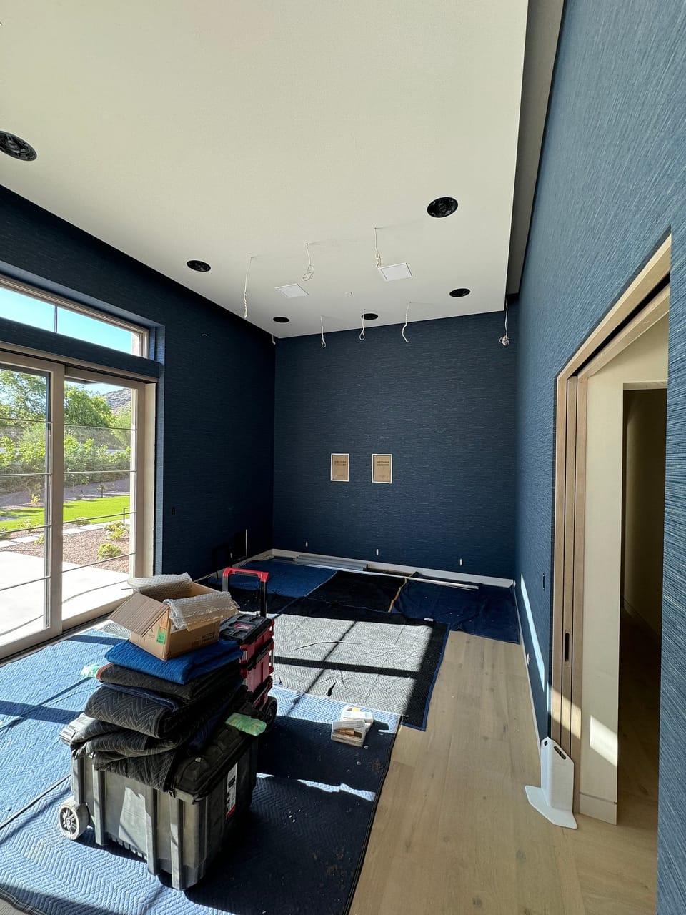 The media room beside sliding doors